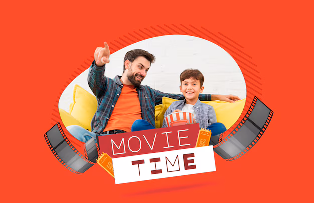 collage about movie time with man and kid